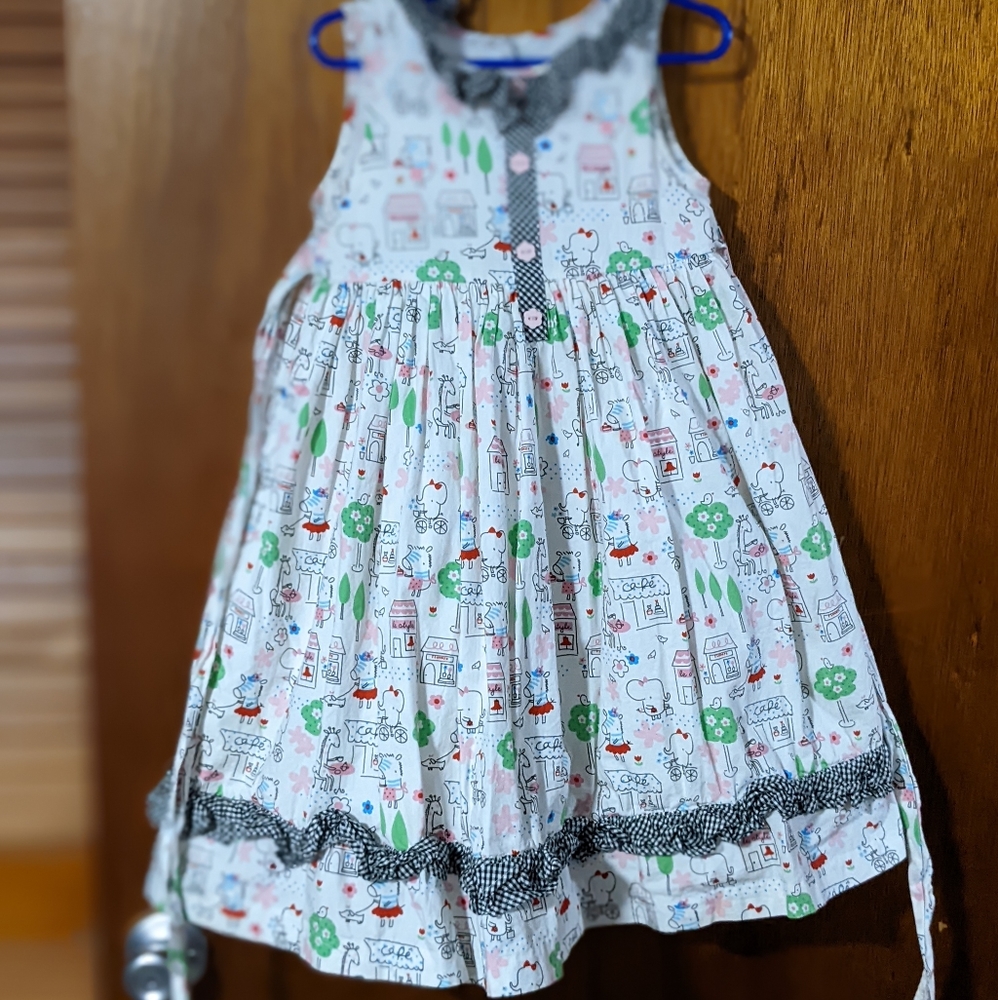 Laura Ashley Girl’s Size 5 Animals In Paris Gingham Trim Dress EUC